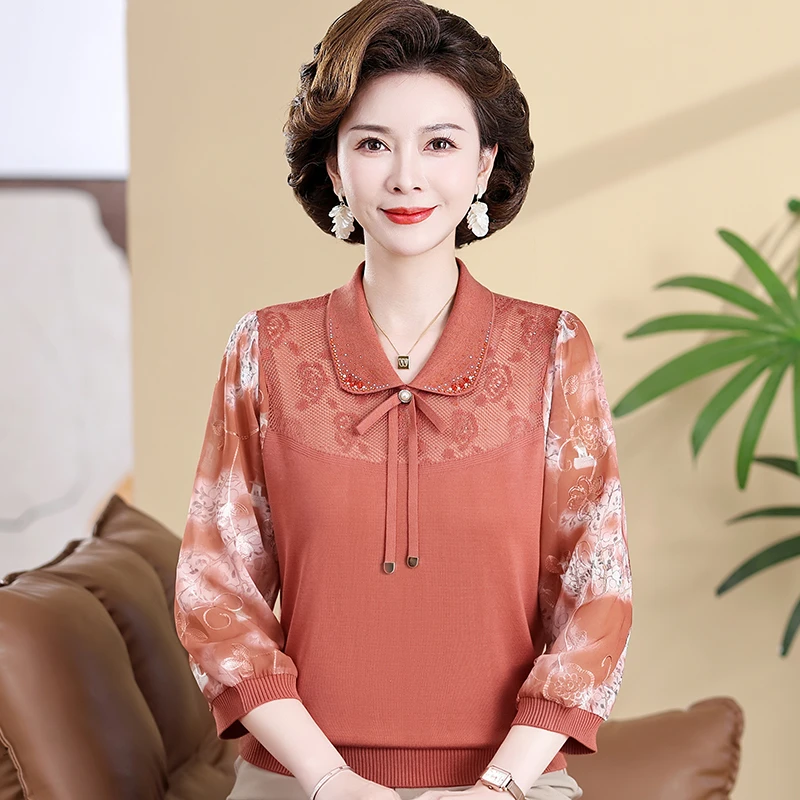 中年妈妈春秋装长袖t恤中老年女宽松大码上衣POLO纱袖洋气打底衫