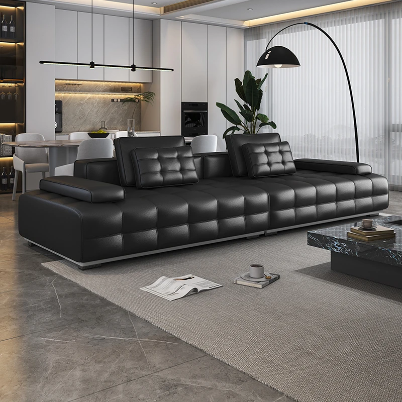 意式劳伦斯真皮沙发极简客厅2025新款轻奢黑色复古皮艺直排沙发