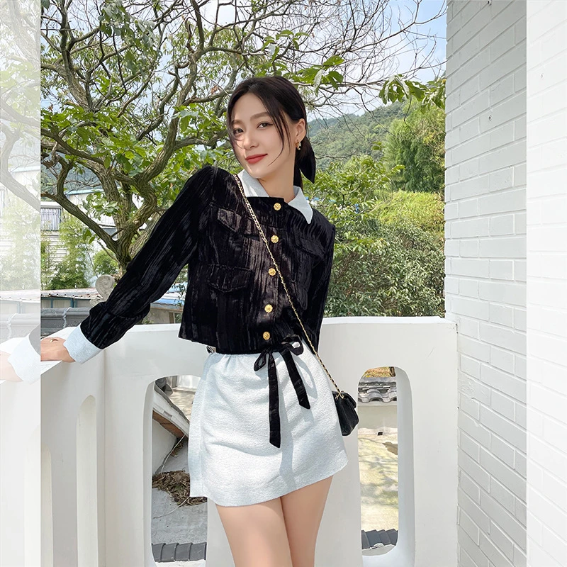爆款苏黎少女黑丝绒编织短款女秋季感时尚气质短外套短裙两件套