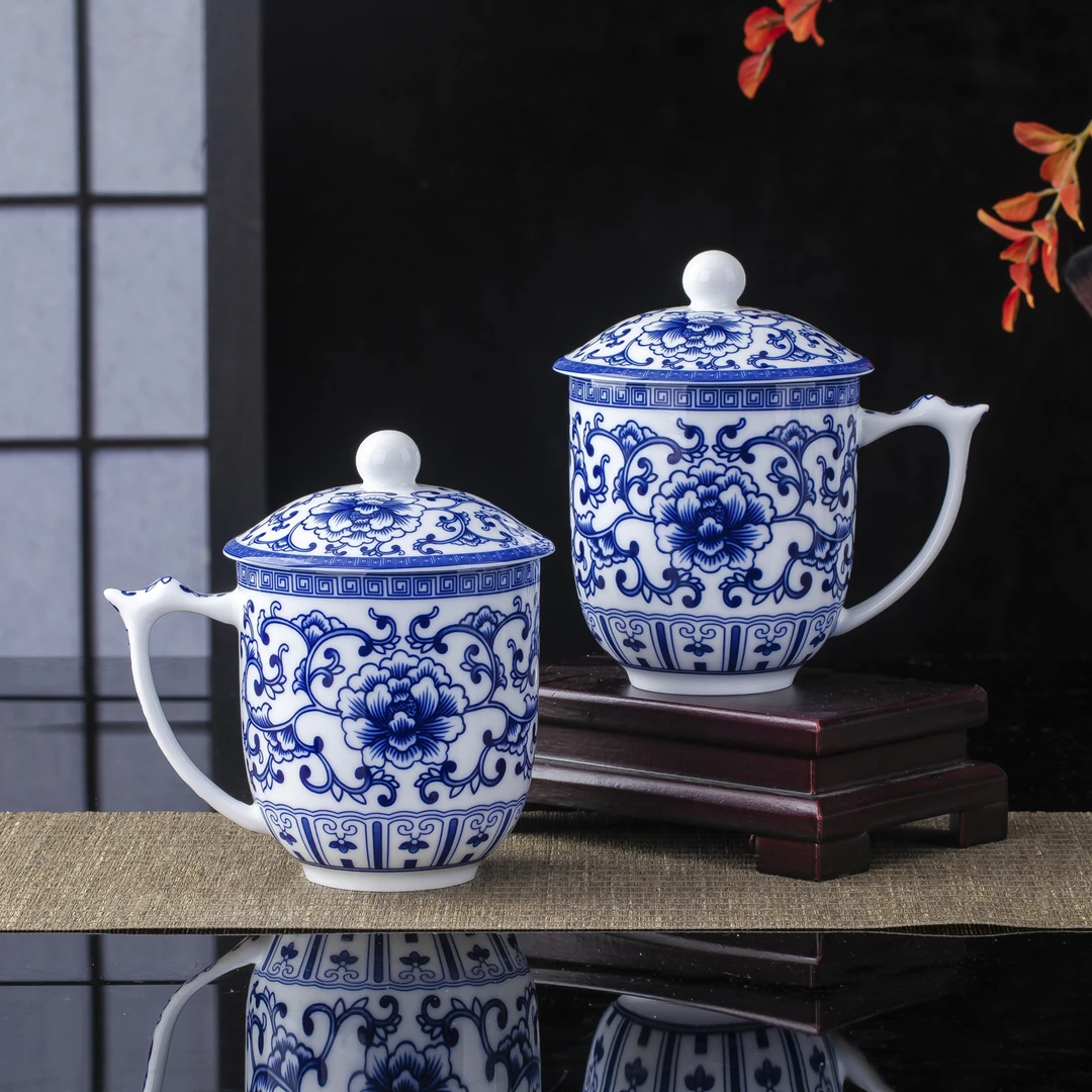 高白瓷茶杯景德镇高温陶瓷办公杯带盖茶杯青花