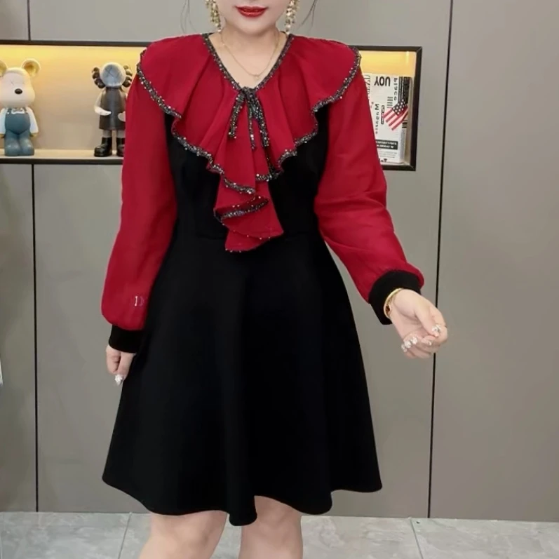 梦梦家9230新款洋气时尚拼接花边领显瘦连衣裙