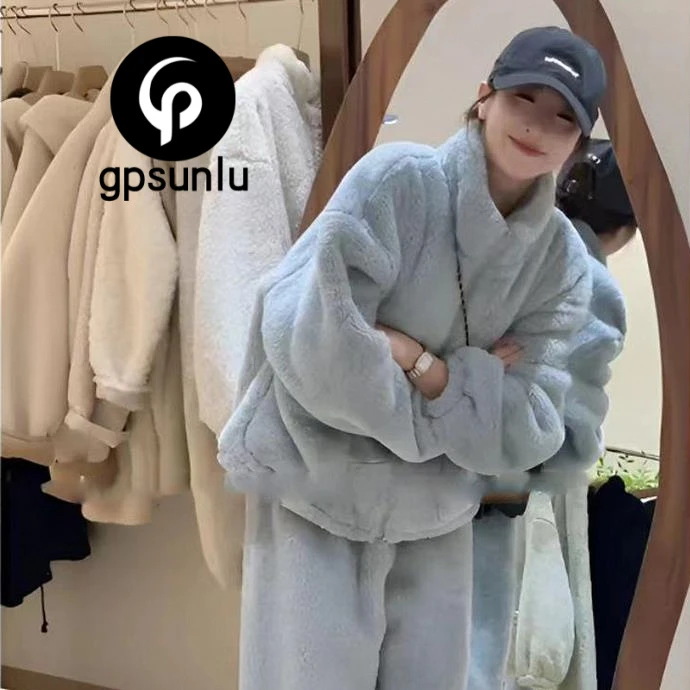 GPSUNLU双面珊瑚绒加厚家居服2026秋冬新款宽松慵懒运动睡衣女