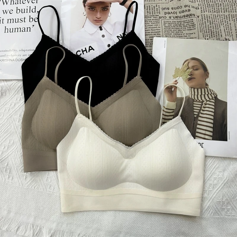 夏季清仓短款花边V领露背吊带内衣显瘦固定胸垫打底美背上衣女