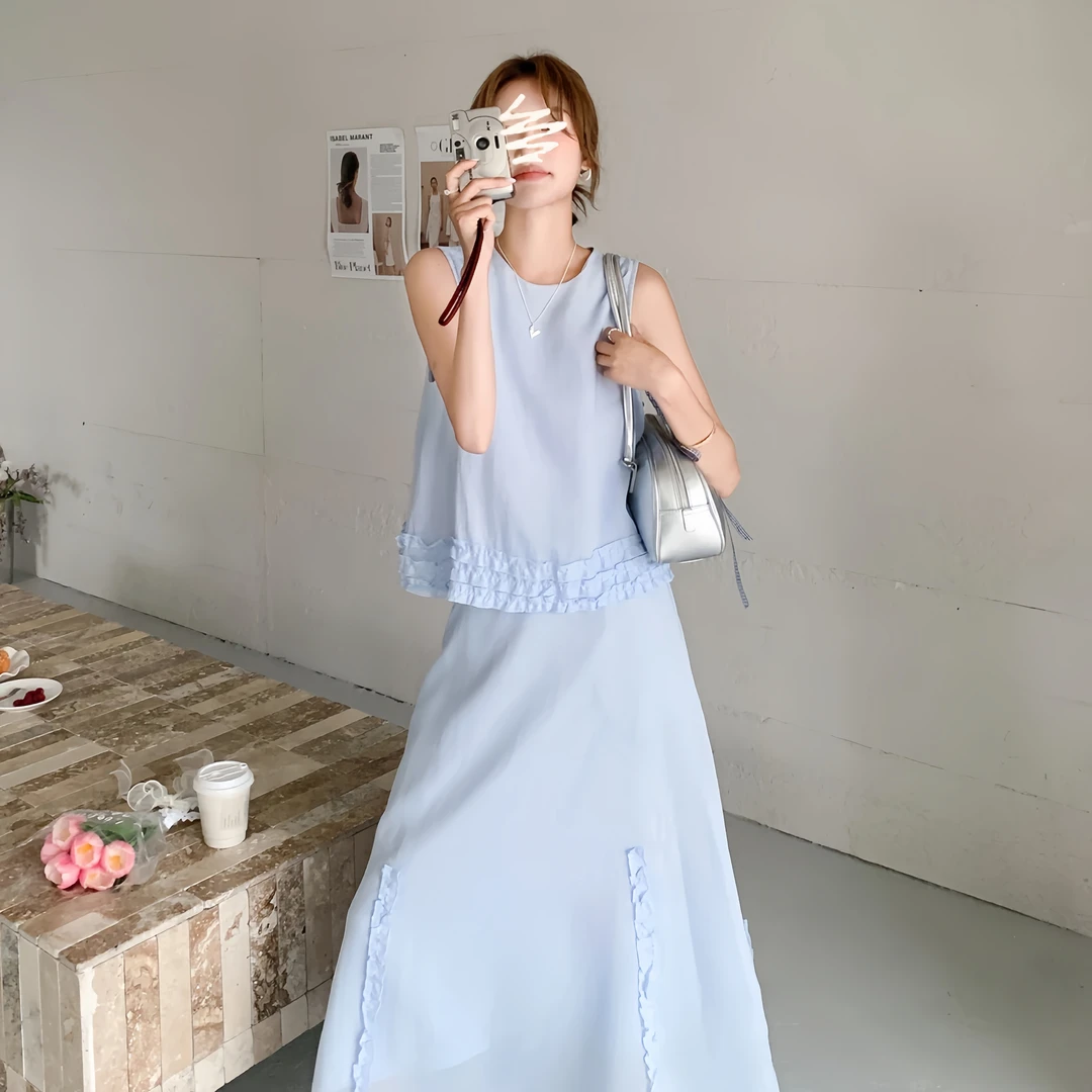 甜美木耳花边套装夏季新款减龄韩系设计感无袖背心半身裙两件套