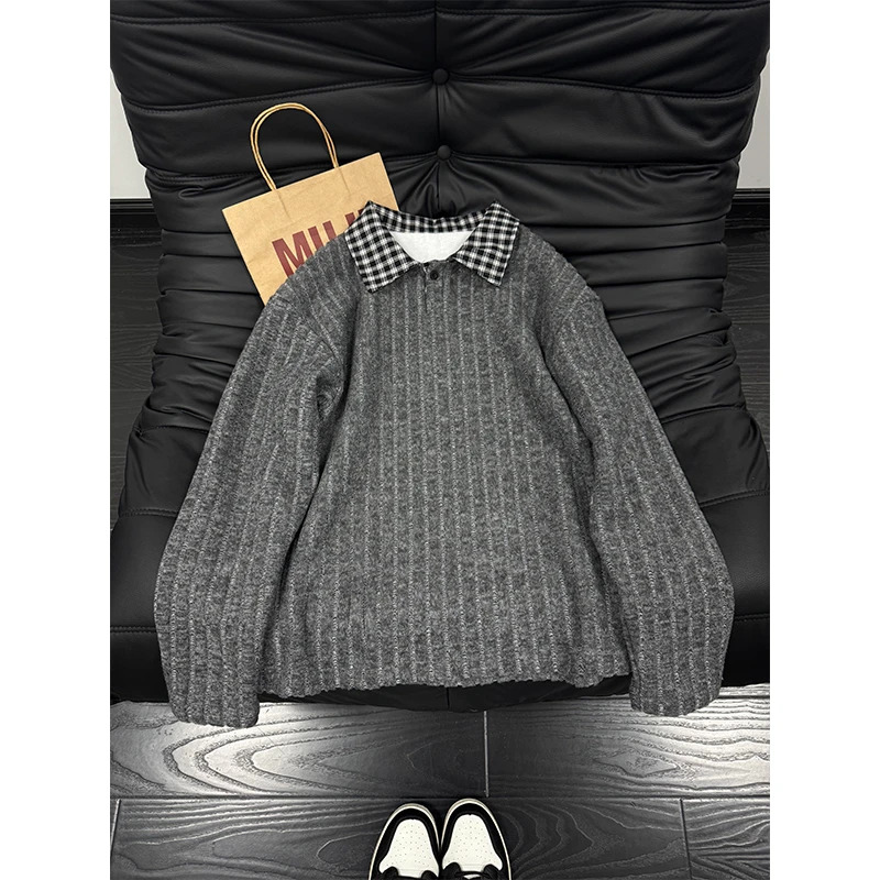 格子拼接polo衫男款秋冬加绒美式翻领长袖t恤高级感休闲条纹卫衣