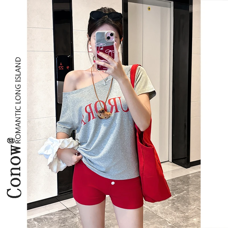 2025夏季新款时尚斜肩一字肩宽松短袖T恤女字母印花显瘦百搭上衣