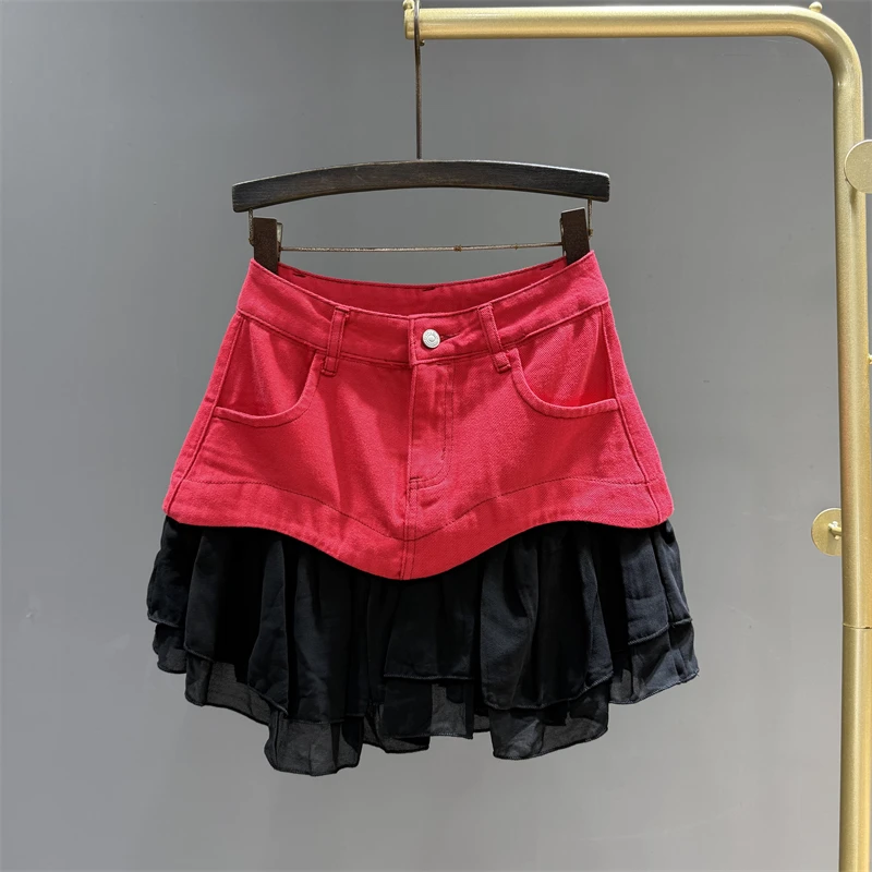 2025夏季新款时尚红黑拼接荷叶边牛仔半身裙女气质显瘦宽松短裙
