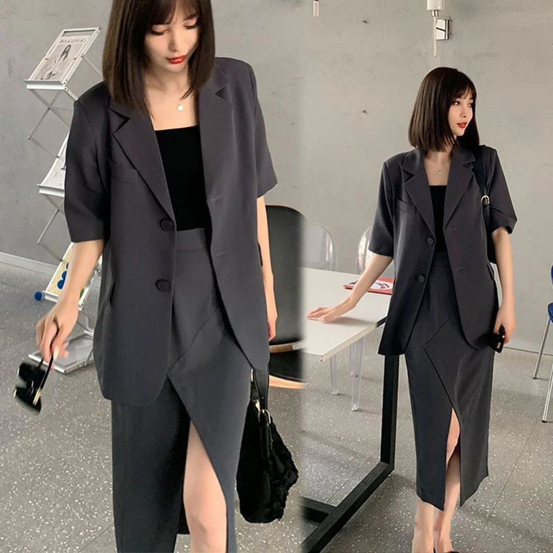 夏装大码女装薄款短袖西装套装女胖mm西服设计感开叉半身裙两件套