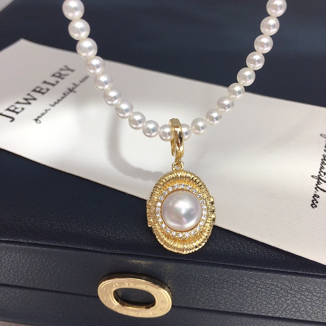 诸暨天然淡水珍珠吊坠复古元宝形微镶万能扣高品质珍珠项链饰品