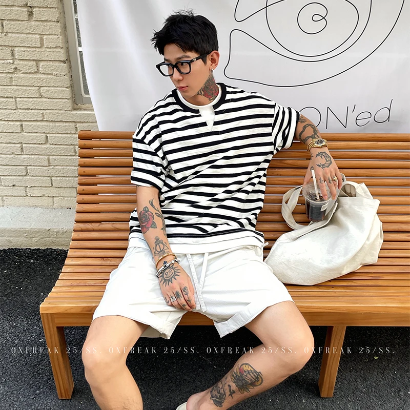 OXFREAK 「假两件 褶皱纹理」撞色条纹V领短袖t恤男高级感亨利衫