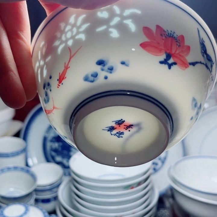 青花玲珑5寸饭碗手绘玉兰花