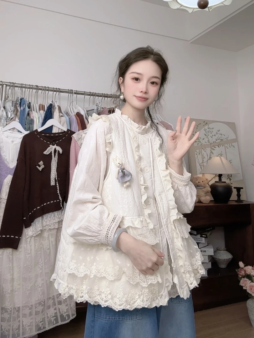 【煮雪】25秋冬新款森系夹棉三层花边马甲甜美少女减龄百搭纯色