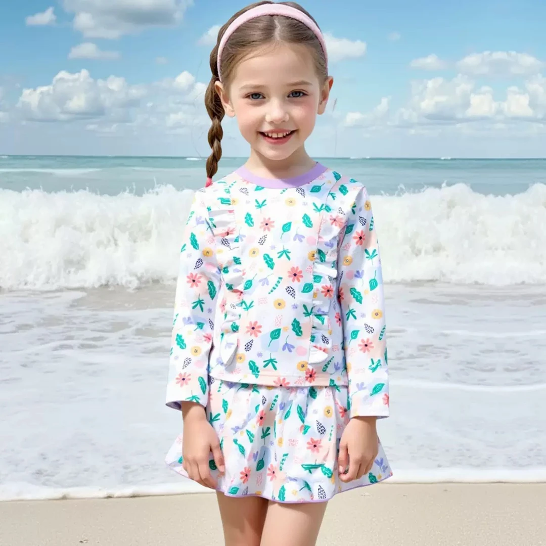 儿童中大童泳装韩版泳衣2025新款黑天鹅女孩长袖碎花夏季洋气时尚