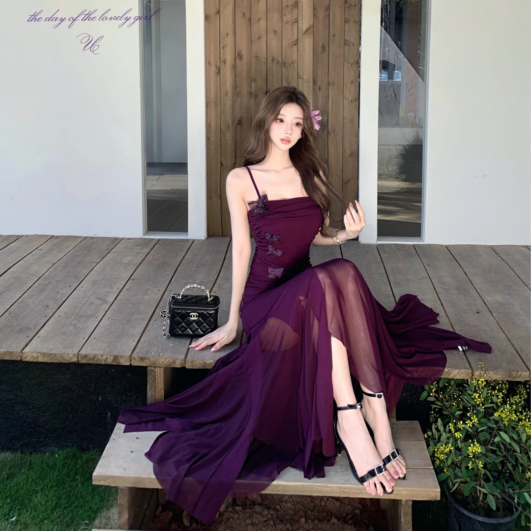 法式绝美紫色网纱吊带连衣裙女夏海边度假气质修身鱼尾包臀长裙子