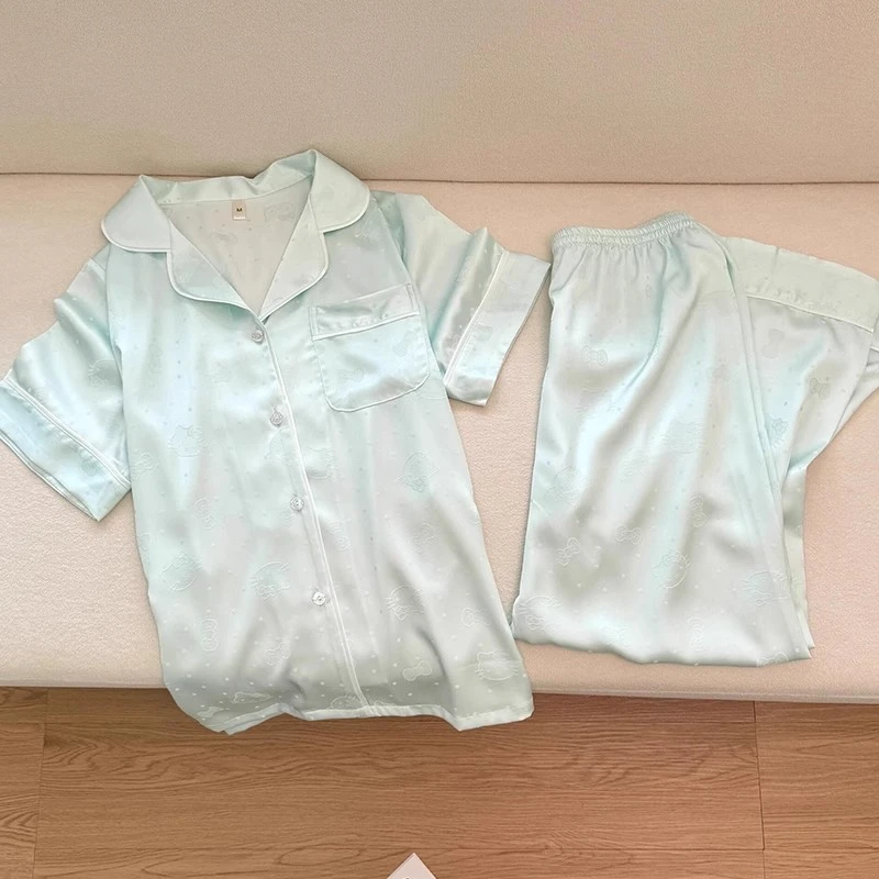 2025新款薄荷绿Kitty睡衣女夏季冰丝短袖高级感甜美可外穿家居服