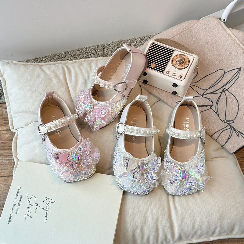 女童灵动蝴蝶结小皮鞋2025春秋新款软底亮片中大童爱莎公主鞋单鞋