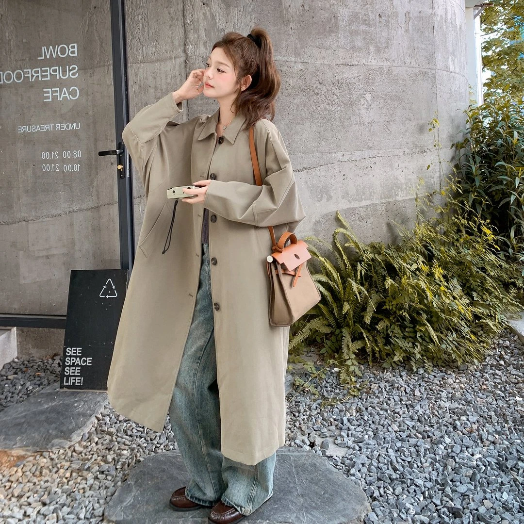 日韩休闲风灰绿色简约单排扣风衣女2025春秋宽松气质长款过膝大衣