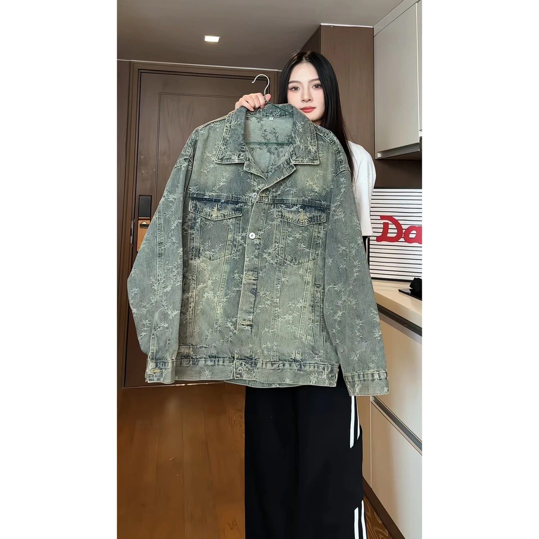 美式复古刺绣水洗牛仔外套男女生bf宽松休闲立领工装夹克牛仔上衣