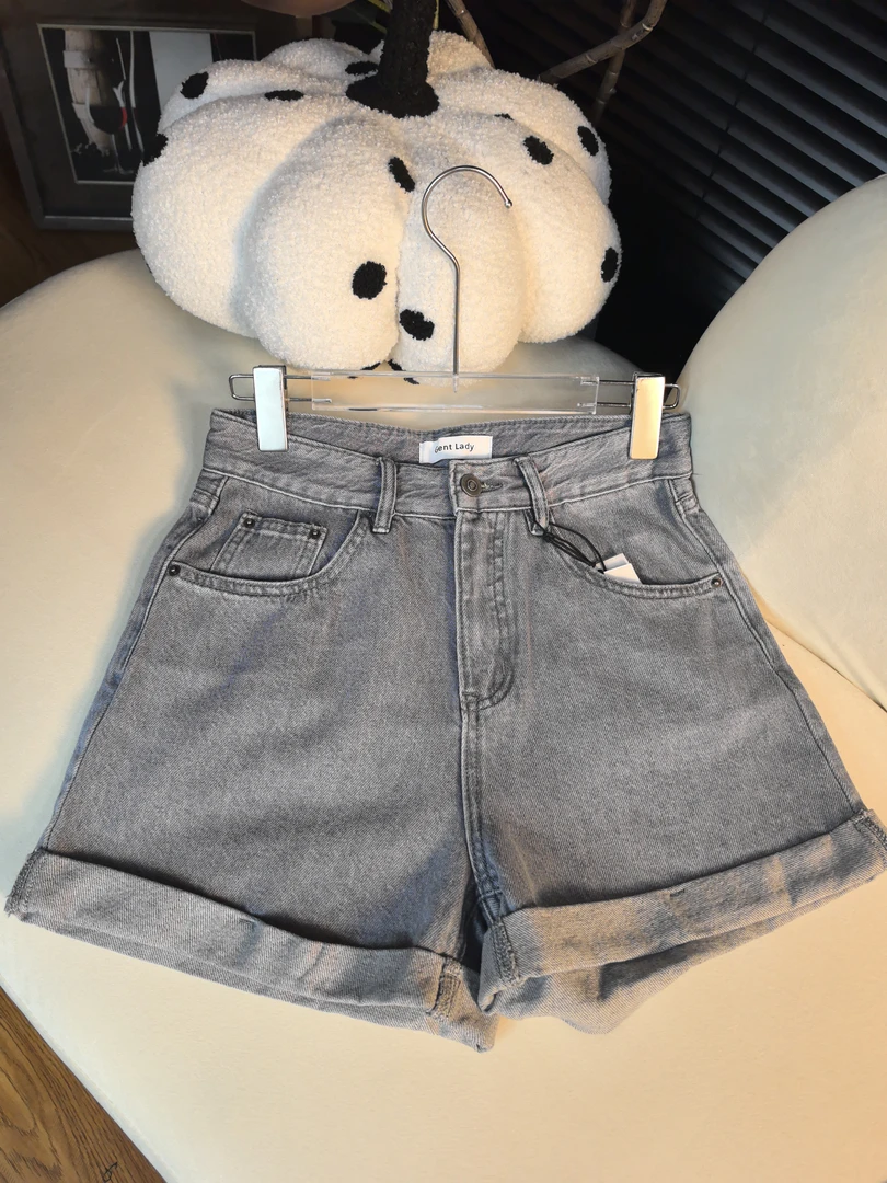 22088-牛仔短裤女夏季新款高腰显瘦直筒卷边小个子阔腿a字裤薄款