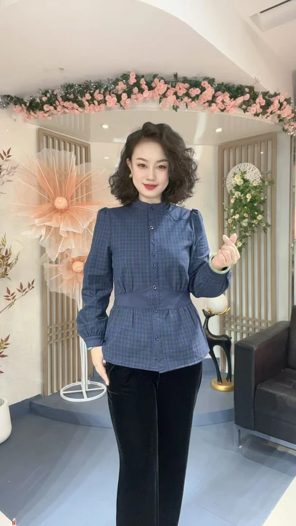 【秋冬加绒】时尚百搭修身显瘦设计感立领长袖格子棉质修身衬衫7311