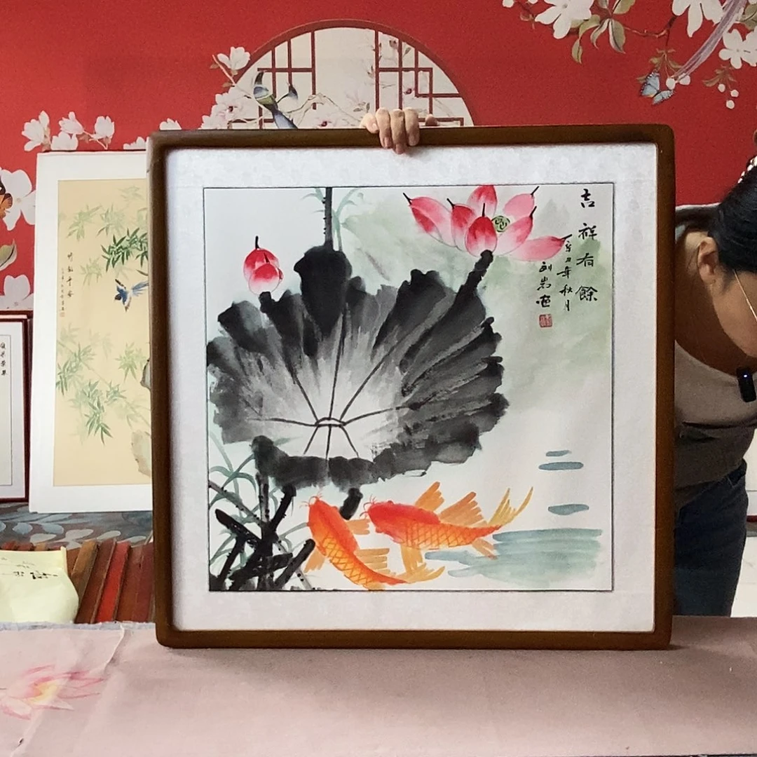 国画手写手绘国画作品带框包邮62✖️62