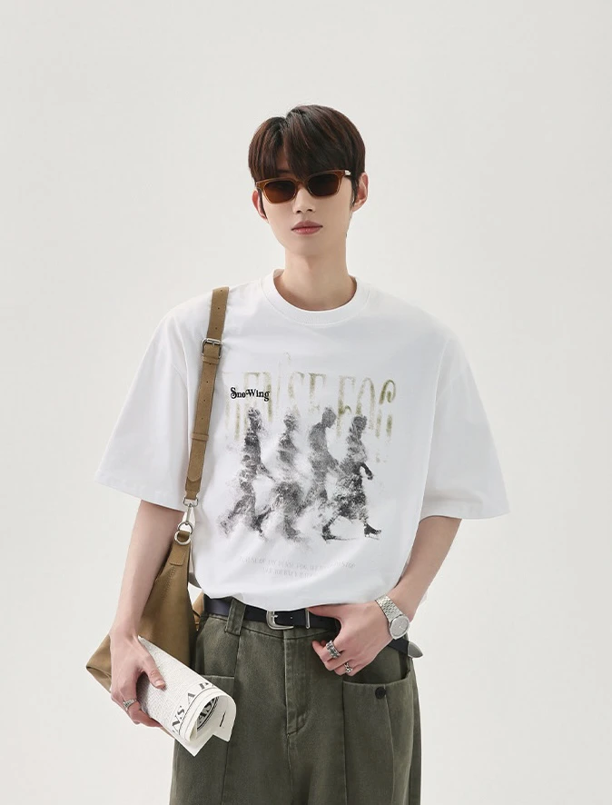 夏季韩系纯棉流行百搭街头人物印花短袖T恤男宽松休闲上衣vintage