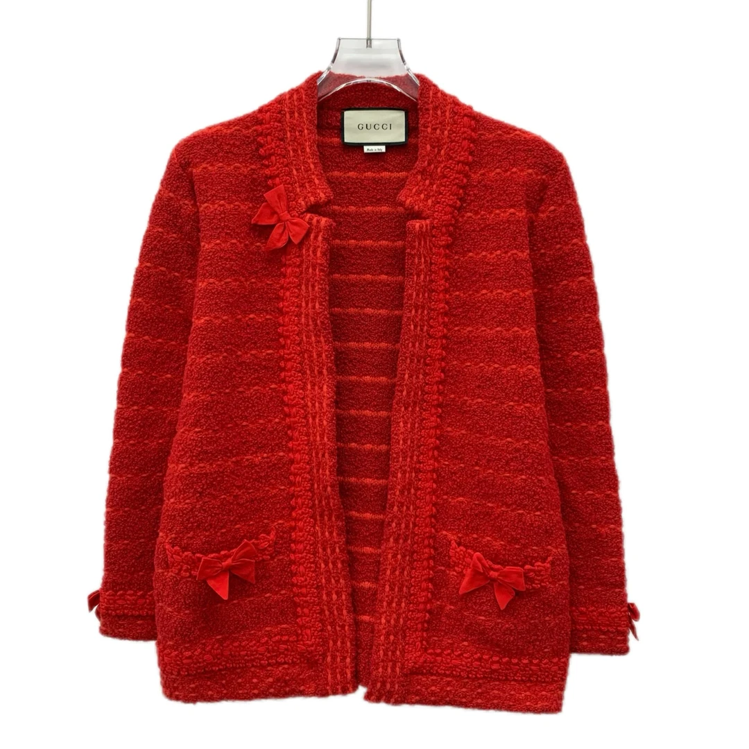 99新 GUCCI/古驰 CW0454  红色长袖编织开衫外套 XS码