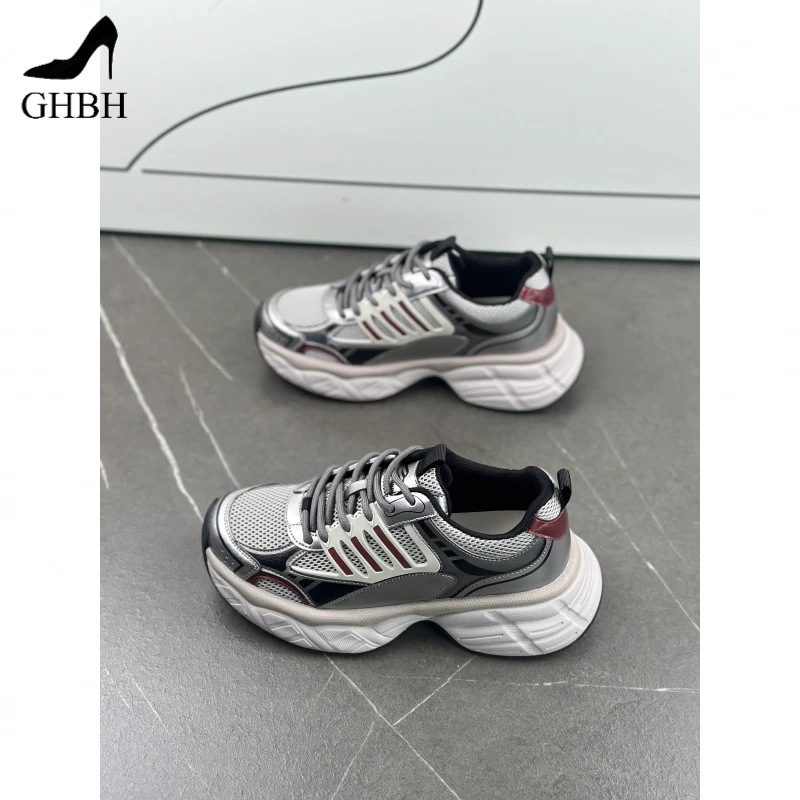 爆款网面老爹鞋女款2025春季新款增高厚底松糕小个子运动休闲鞋潮