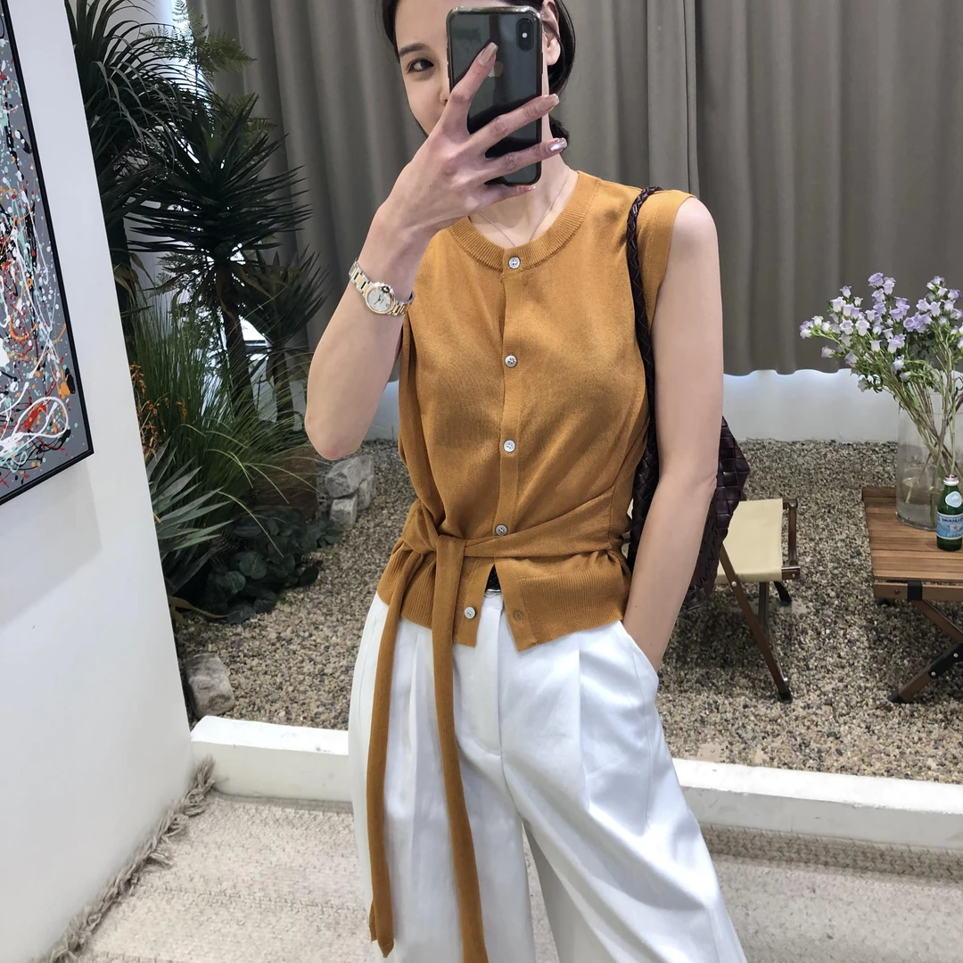 韩系气质简约通勤无袖背心针织腰带背心女2025春夏新款修身上衣