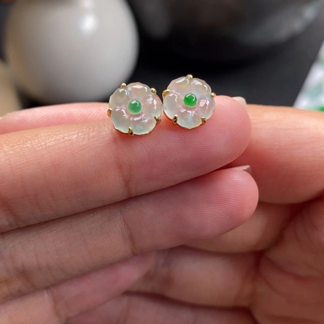 翡翠散珠小花耳钉925银