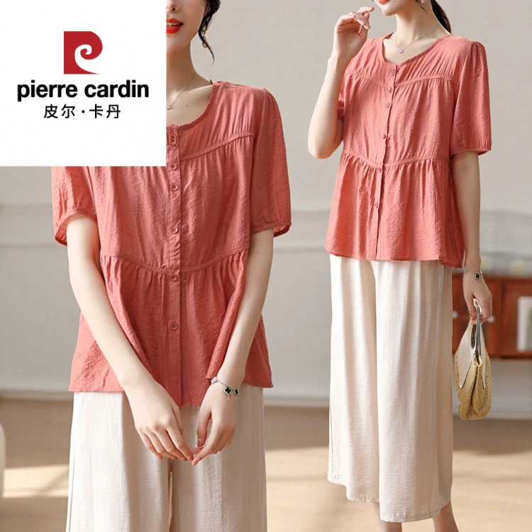 皮尔卡丹2025新款妈妈装夏季时尚洋气仿棉麻小衫中老年女夏装短袖