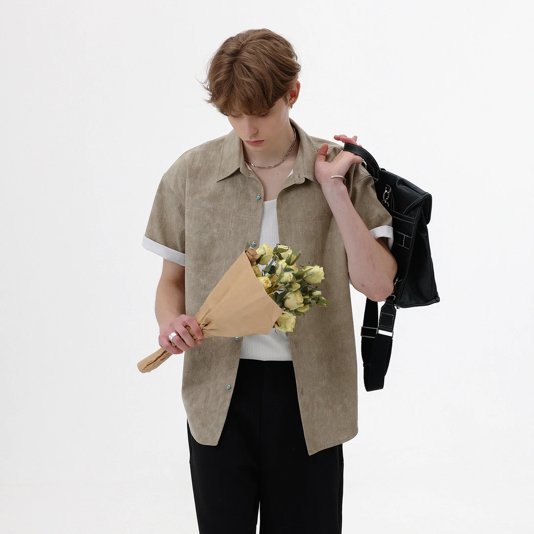 CHOR2025夏季新款美式复古做旧感宝石扣衬衫短袖男百搭高级感潮牌