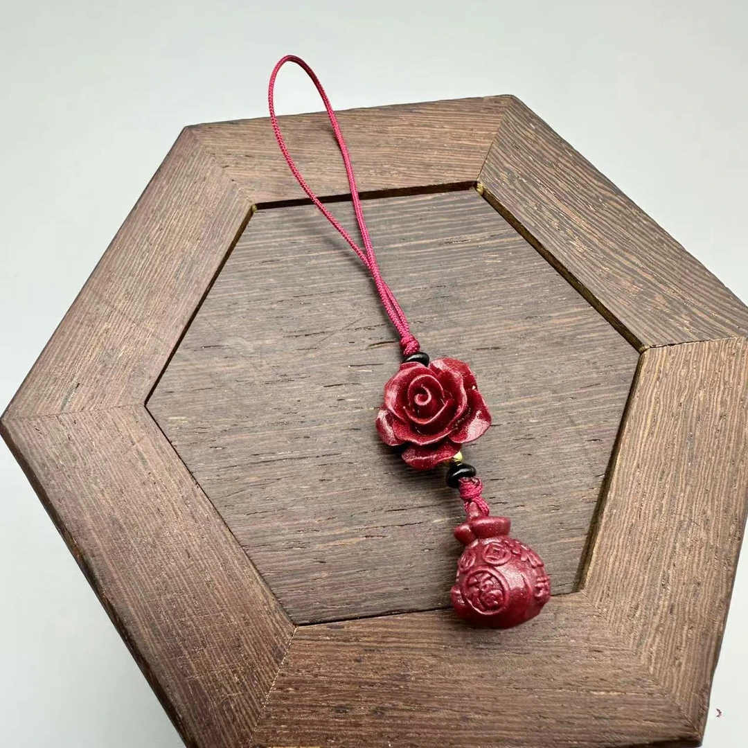 含辰砂工艺品GA439-经典紫色雕刻玫瑰花配福袋手机挂链包挂链