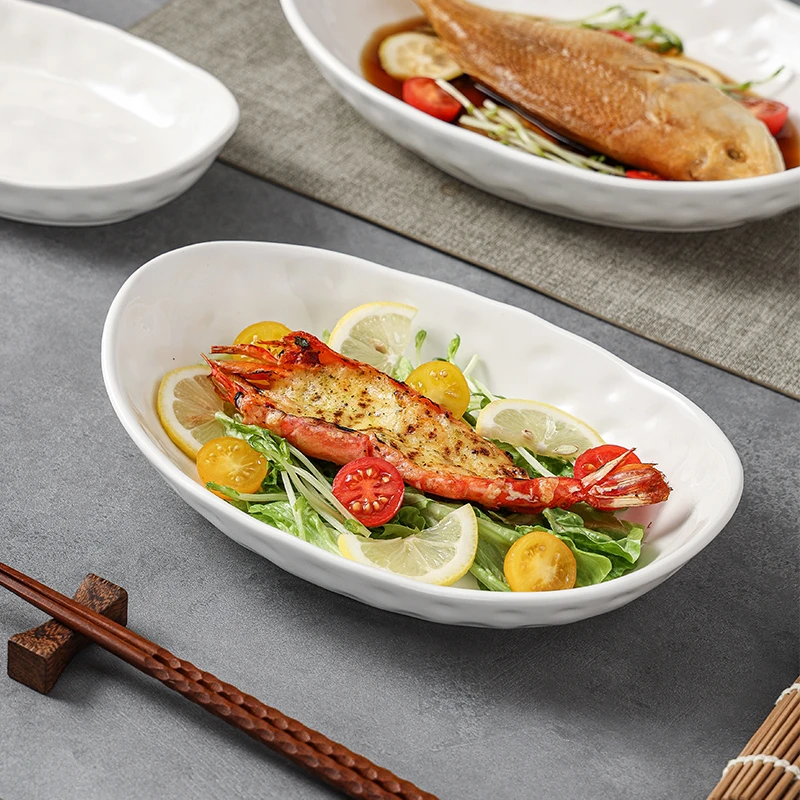 日式简约小新清纯白釉下彩水果盘沙拉碗鱼盘汤盘酒店大号椭圆餐盘