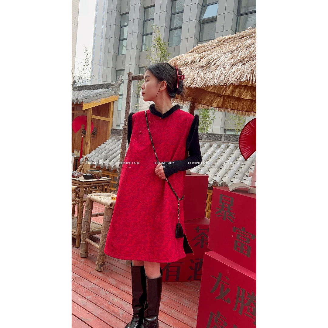 【迎春】HL新中式改良旗袍裙加绒侧开叉马甲裙宽松百搭国风裙子