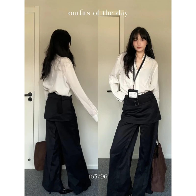 parkyeon秋季新款法式长袖衬衫外套上衣设计感拼接假两件裤子套装