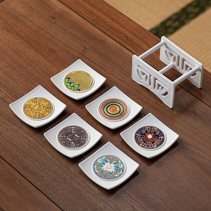 中式茶道杯垫四方珐琅彩茶杯托家用茶杯垫轻奢茶桌防滑隔热垫套组