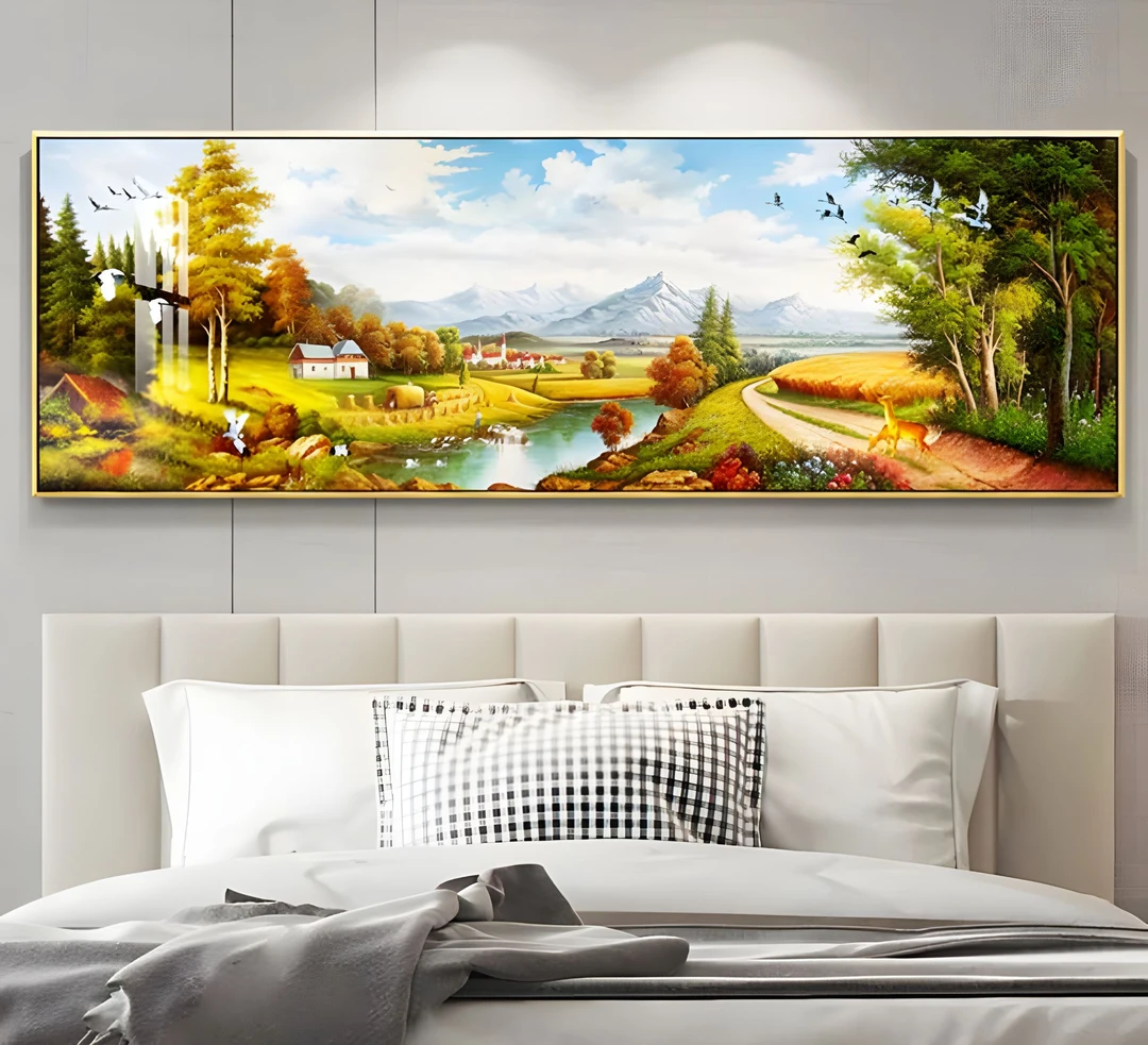 油画山水自粘画风景画墙纸自粘客厅会议室沙发背景画装饰画壁纸
