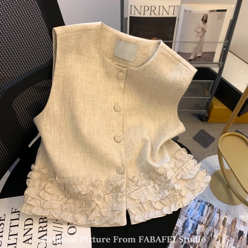 自留爆款推荐~小香风木耳边亚麻西装马甲女夏季法式坎肩马夹外套