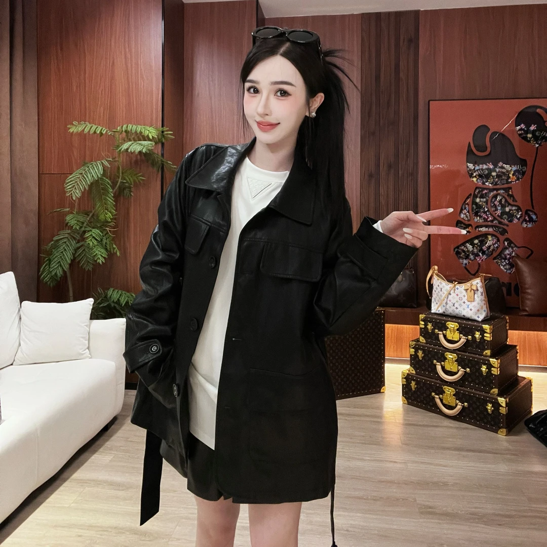 允初 「权利单品」设计师正肩翻领系腰带复古皮衣外套女YUNCU-1096