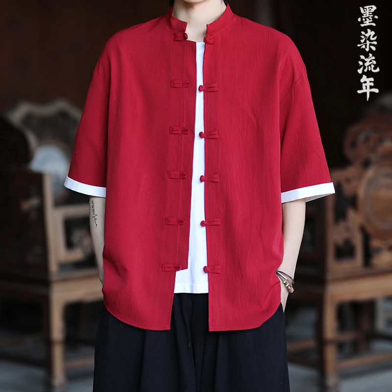 中国风唐装盘扣冰丝衬衫中式七分袖衬衣复古装短袖男装古风潮上衣