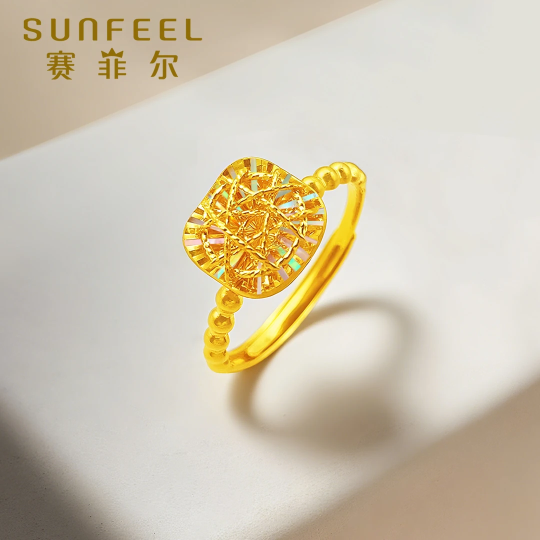 赛菲尔5G精品足金999拉丝小方糖黄金戒指首饰女款5GJS0430005-1