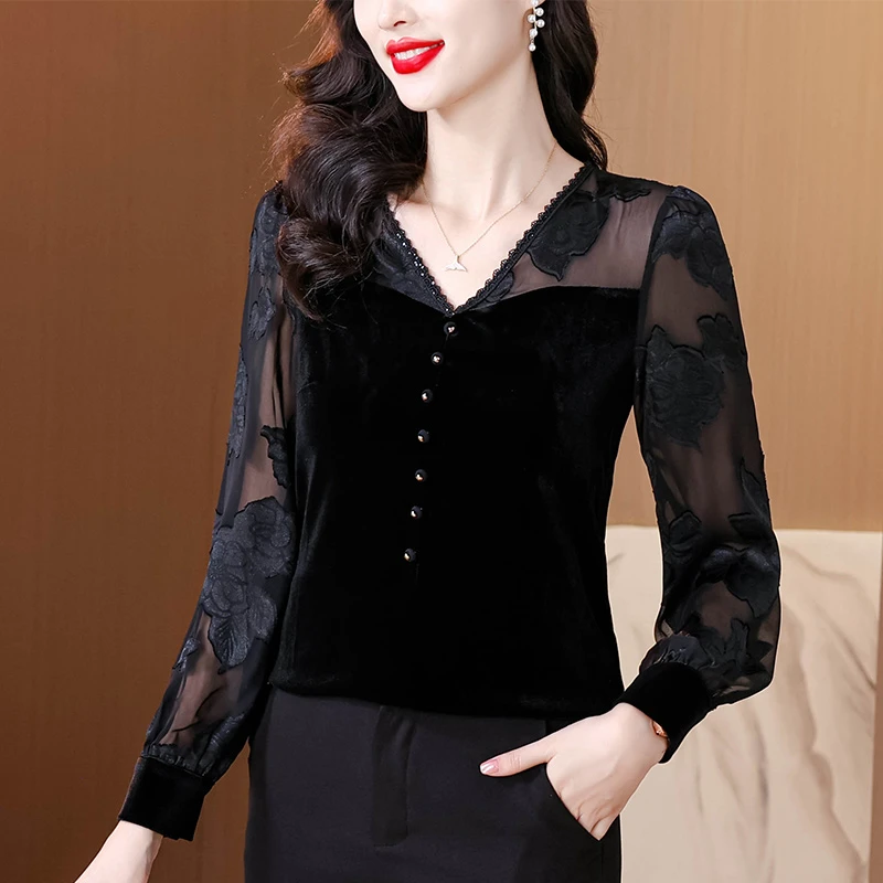 现货 2025秋季新款领蕾丝长袖金丝绒女上衣洋气小衫修身百搭