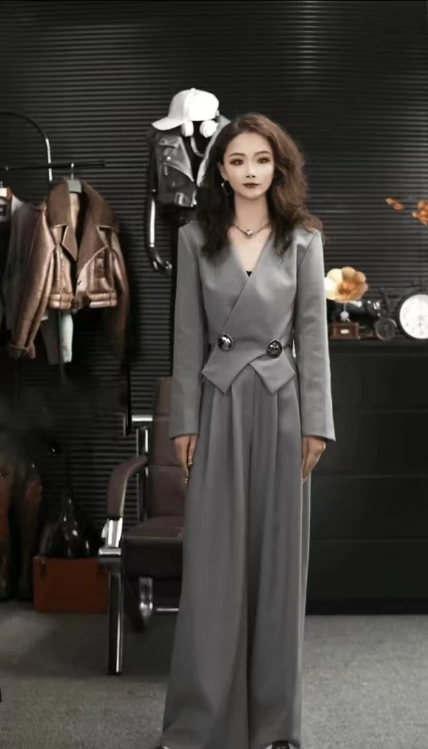 【大叶子专属】早秋新款气质减龄时尚西服上衣外套加阔腿裤套装