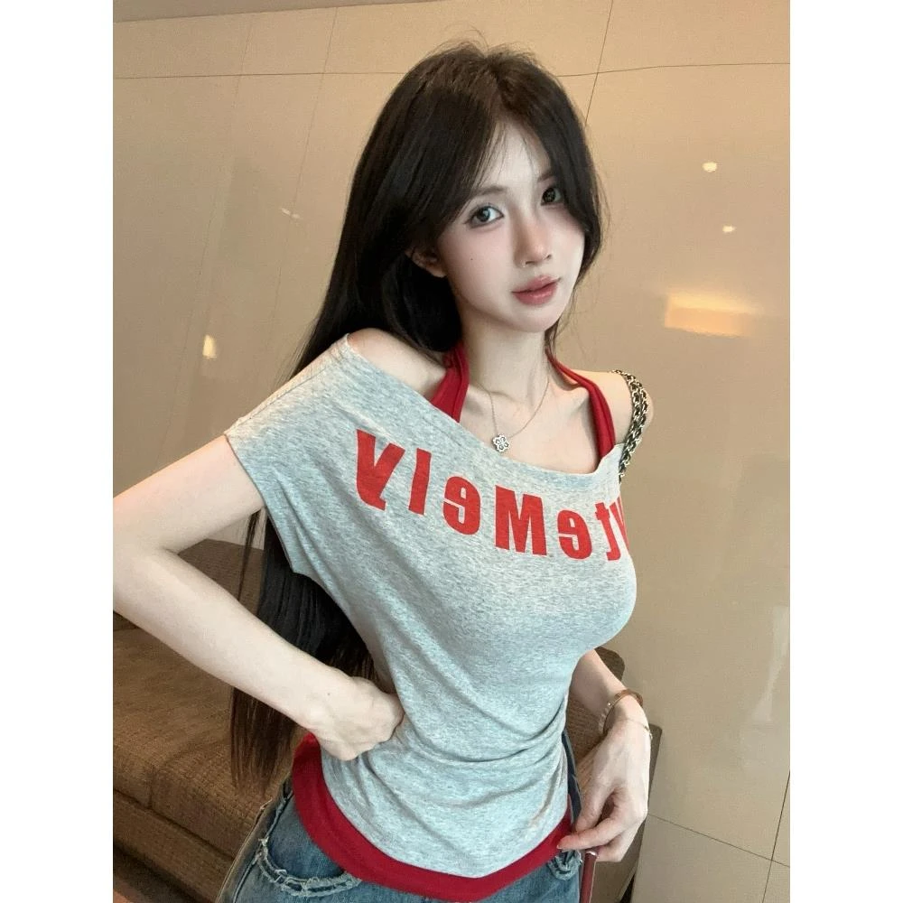 假两件挂脖短袖t恤女夏季美式辣妹一字肩小上衣巨好看的独特绝美