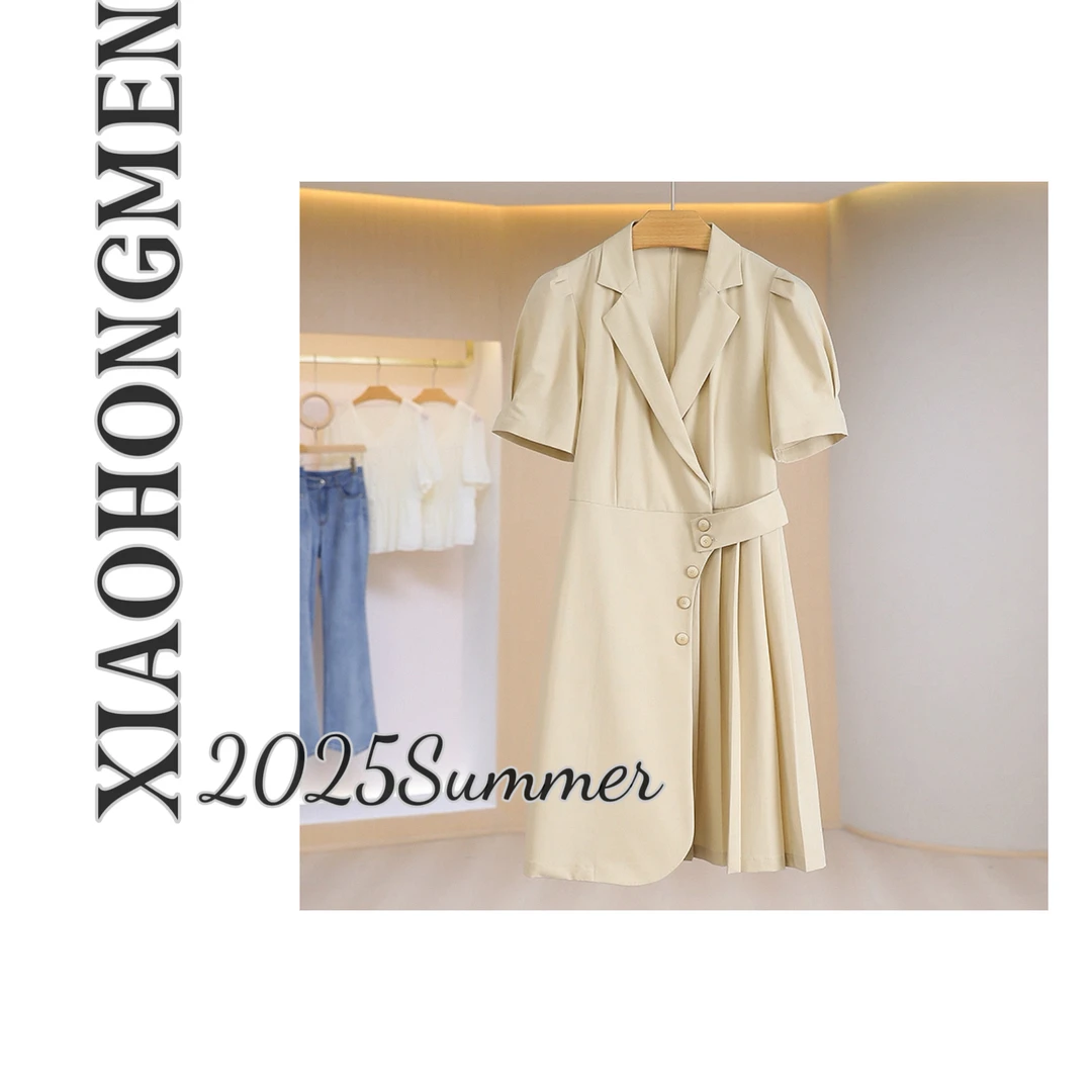 A251   2025通勤百搭纯色高级感气质不规则一片式西装百褶连衣裙