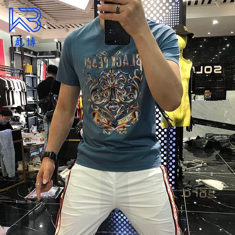 彪博潮牌时尚短袖t恤男士印花青年透气修身潮流重工烫钻百搭半袖