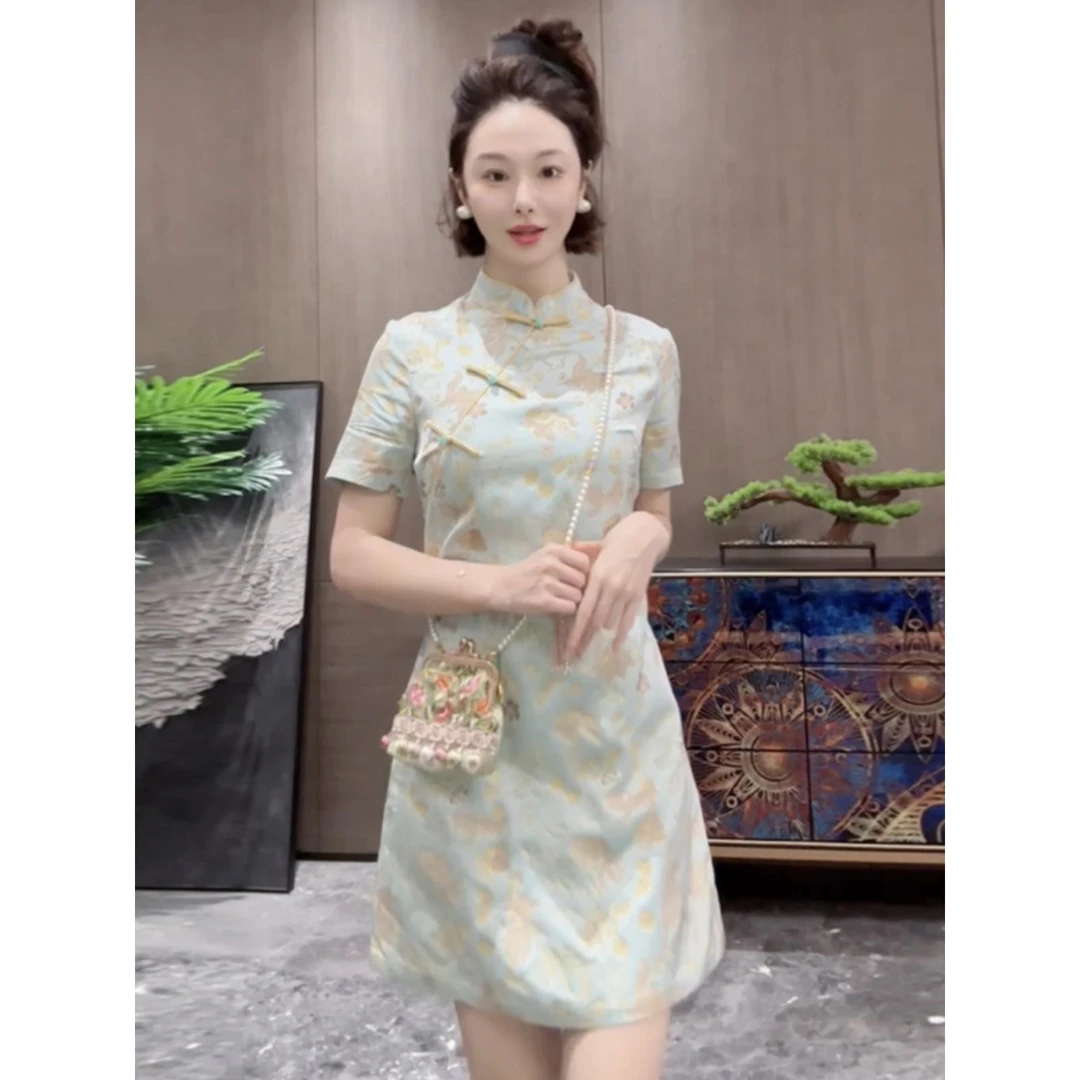 新中式改良轻国风宋锦精致茶歇裙2025年夏季盘扣小个子绝美连衣裙