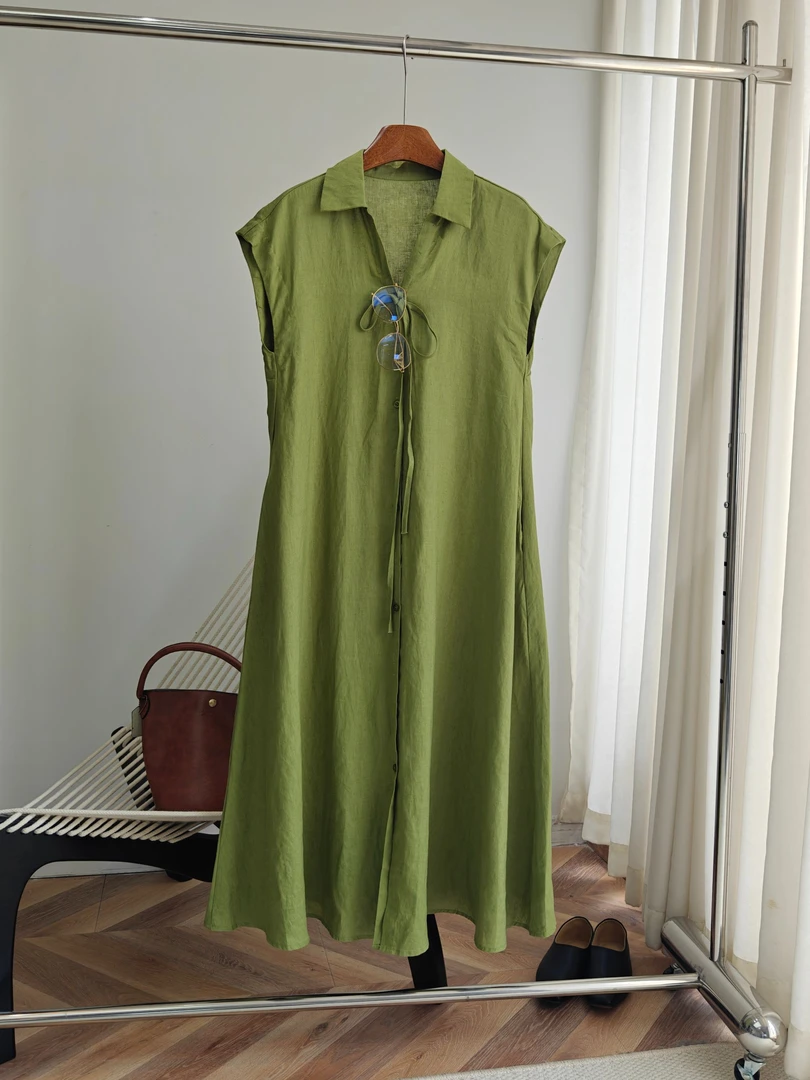 极简女装风中腰单排扣夏季套头中式百搭文艺连衣裙G5794