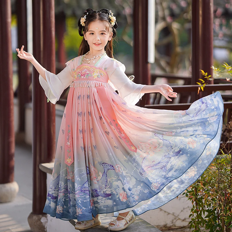 汉服女童古风超仙古装新款国风连衣裙春秋儿童唐装公主裙喜庆裙子